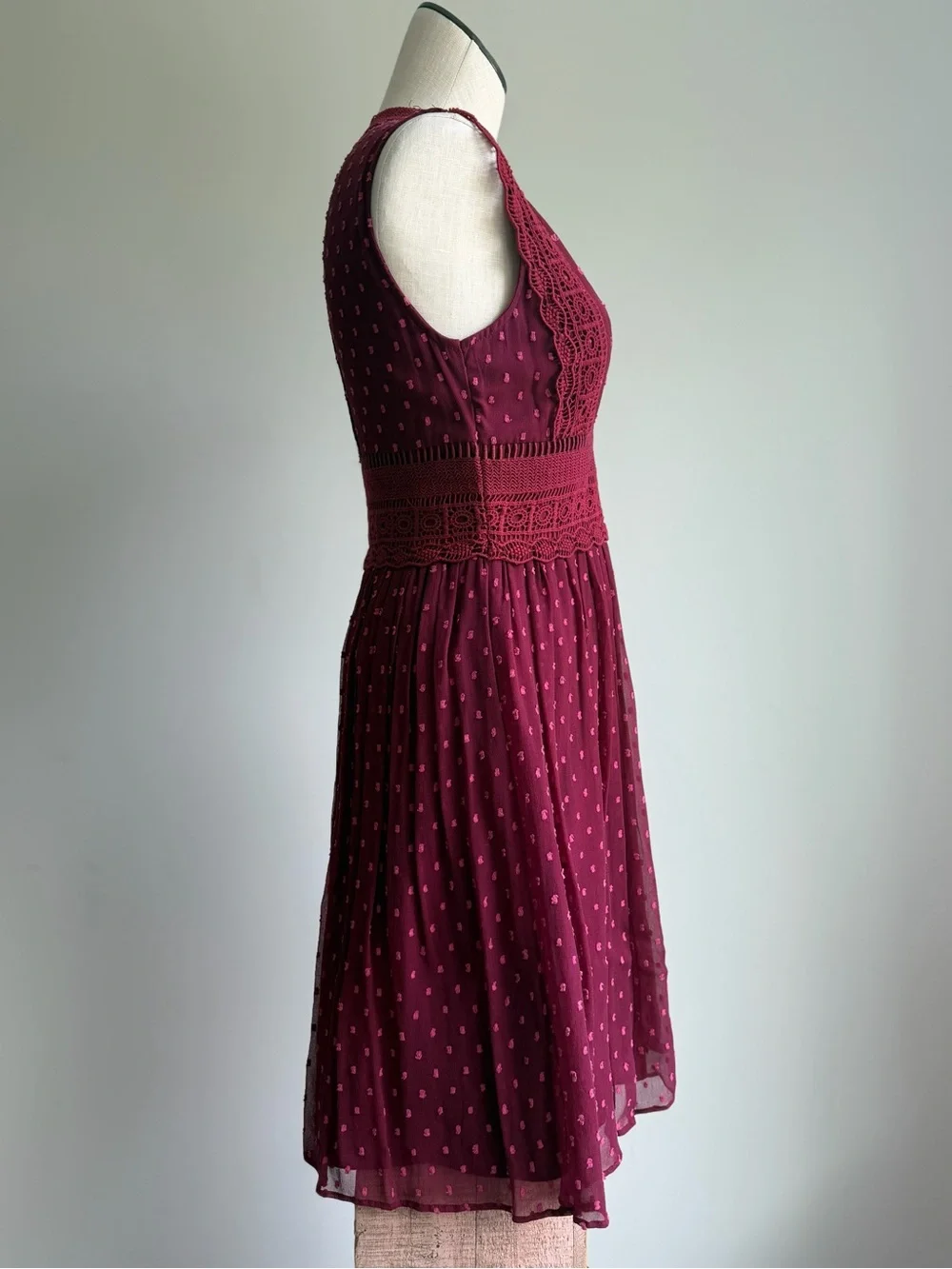 Ranna Gill Wine Red Lace-Trim V-Neck Mini Dress